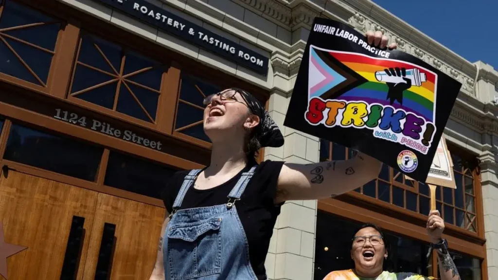 Starbucks addresses Pride decorations & store strikes. CEO announces guidelines for inclusive displays. Union strikes continue. LGBTQIA+ treatment in focus.